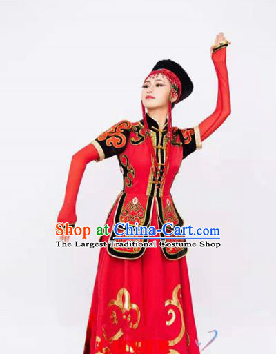 Custom Mongol Nationality Red Dress China Ethnic Woman Clothing Traditional Mongolian Minority Dance Costumes and Headwear