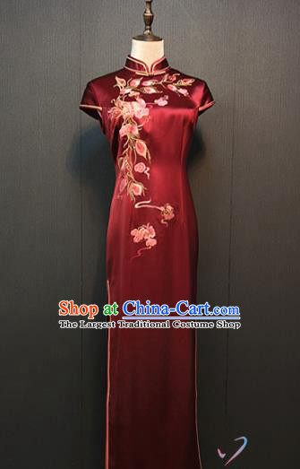 Republic of China Shanghai Women Clothing Custom Bride Cheongsam Top Quality Classical Wine Red Silk Qipao Dress