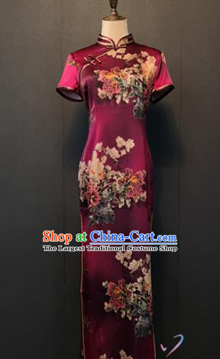 Shanghai Printing Peony Purple Silk Cheongsam Custom Classical Qipao Dress Republic of China Women Clothing