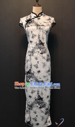 Custom Ink Painting White Silk Cheongsam Republic of China Women Clothing Shanghai Classical Qipao Dress