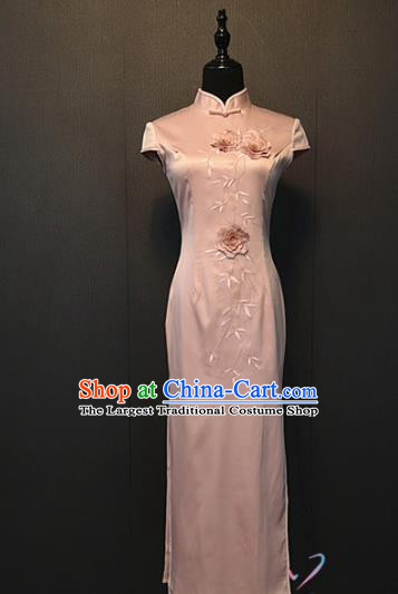 Republic of China Shanghai Women Classical Qipao Dress Custom Clothing Embroidered Peony Pink Silk Cheongsam