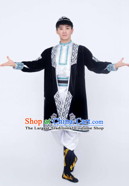 Custom China Xinjiang Ethnic Folk Dance Clothing Traditional Minority Stage Show Costumes Uyghur Nationality Black Outfits and Hat