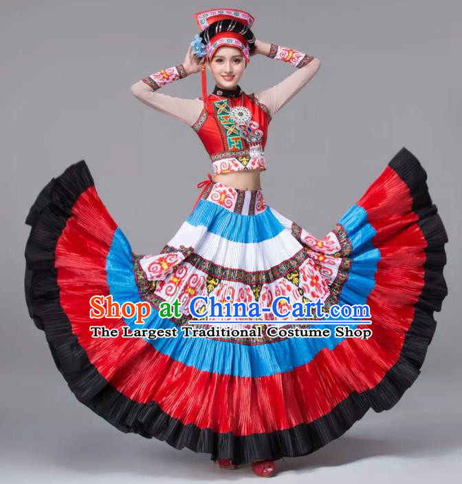 Custom China Yi Ethnic Clothing Traditional Minority Bride Costumes Yi Nationality Torch Festival Blouse and Skirt and Headdress