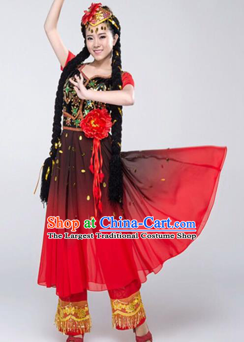 Custom China Ethnic Dance Clothing Traditional Xinjiang Minority Dress Uyghur Nationality Costumes Red Vest and Skirt and Hat