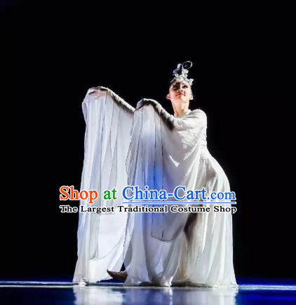 China Classical Dance Costume Traditional Court Dance Clothing Dance Competition White Dress and Headwear