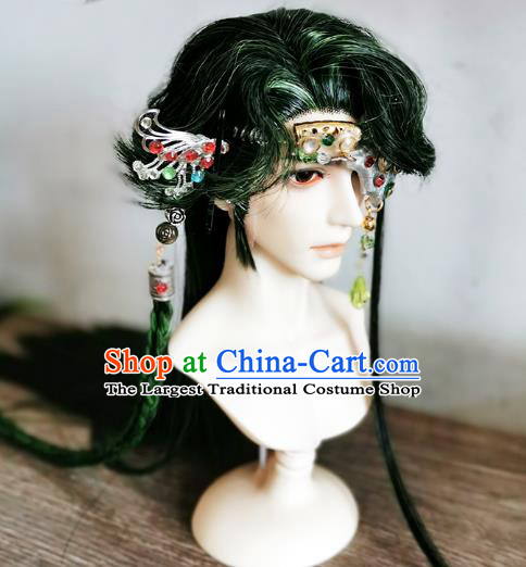 Handmade China Cosplay Lo Luo Wigs Ancient Knight BJD Swordsman Green Wig Sheath and Hair Accessories