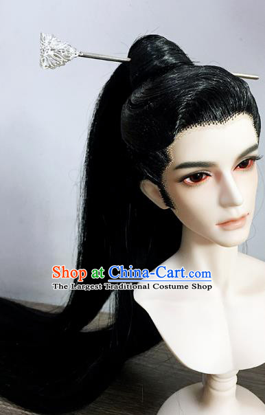 China BJD Swordsman Black Wig Sheath Cosplay Ancient Noble Childe Wigs and Hairpin