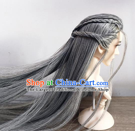 Handmade China Cosplay Ancient Knight Wigs BJD Swordsman Grey Wig Sheath