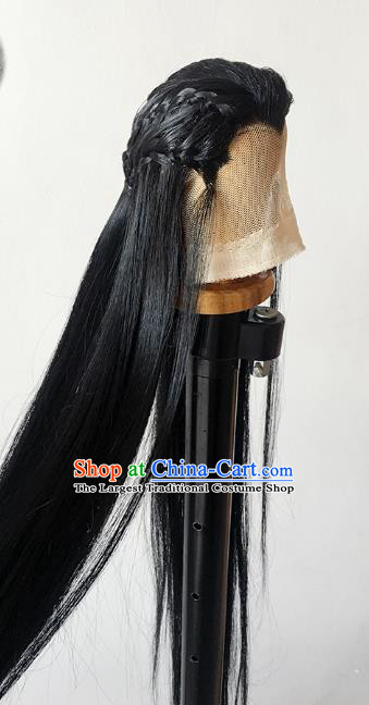 Handmade China Cosplay Ancient Knight Widow Peak Wigs BJD Swordsman Black Wig Sheath