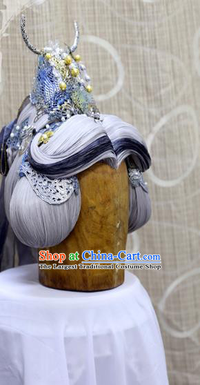 Handmade Cosplay Royal Highness Blue Wig Sheath China Ancient Swordsman Prince Wigs and Hair Crown