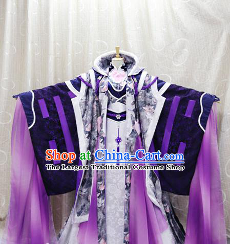 China Cosplay Swordswoman Purple Dress Clothing Custom Traditional Ancient Female Knight Su Huanzhen Costumes