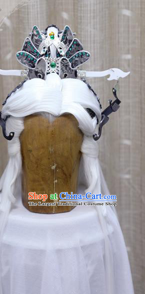 Cosplay Royal Highness White Wig Sheath Handmade China Ancient Chivalrous Lord Wigs and Headpieces