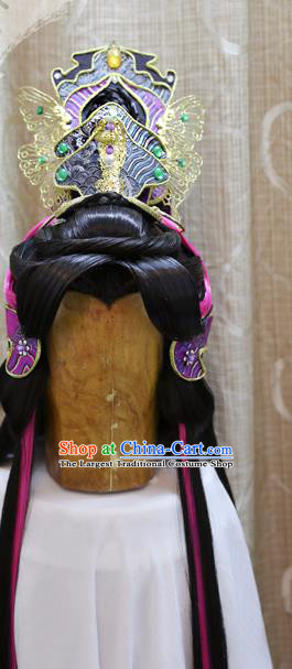 Cosplay Warrior Knight Wig Sheath Handmade China Ancient Swordsman Wigs Style and Purple Hair Crown