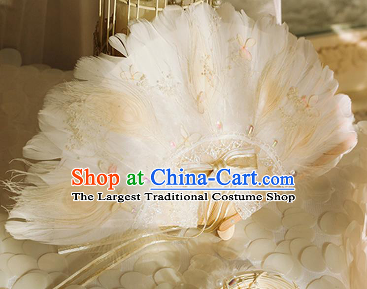 Halloween Beige Feather Folding Fans Handmade Custom Classical Bride Fan