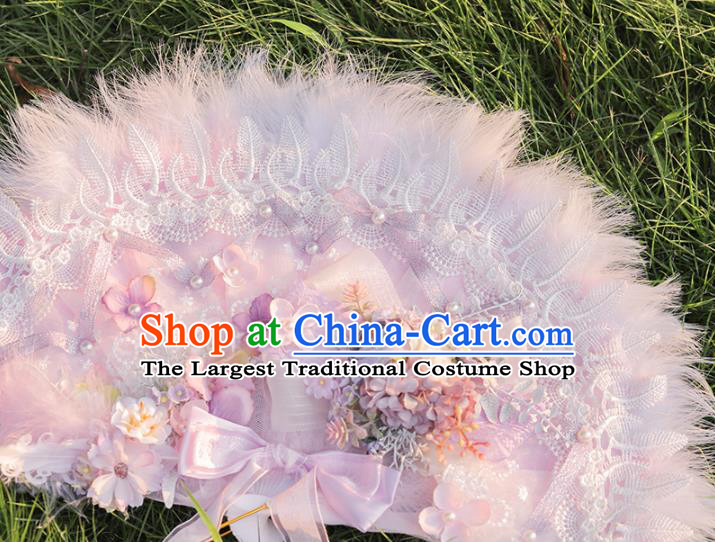 Handmade Versailles Folding Fans Classical Wedding Bride Pink Feather Fan