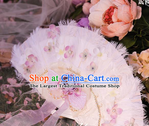 Handmade White Feather Folding Fans Wedding Accordion Classical Purple Rose Lace Fan