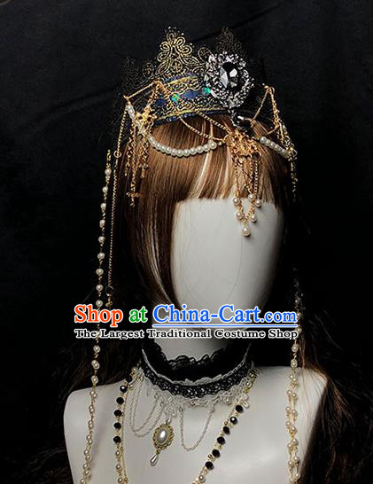 Handmade Gothic Bride Hair Accessories Headwear Halloween Cosplay Princess Deluxe Black Royal Crown