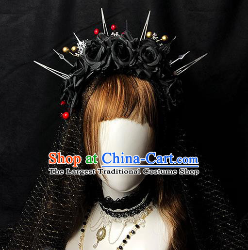 Halloween Cosplay Black Roses Royal Crown Handmade Hair Accessories Stage Show Gothic Princess Headwear