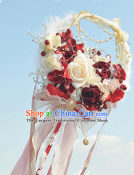 China Traditional Wedding Fans Handmade Classical Bride Palace Fan Rose Flowers Fan with LED Lights