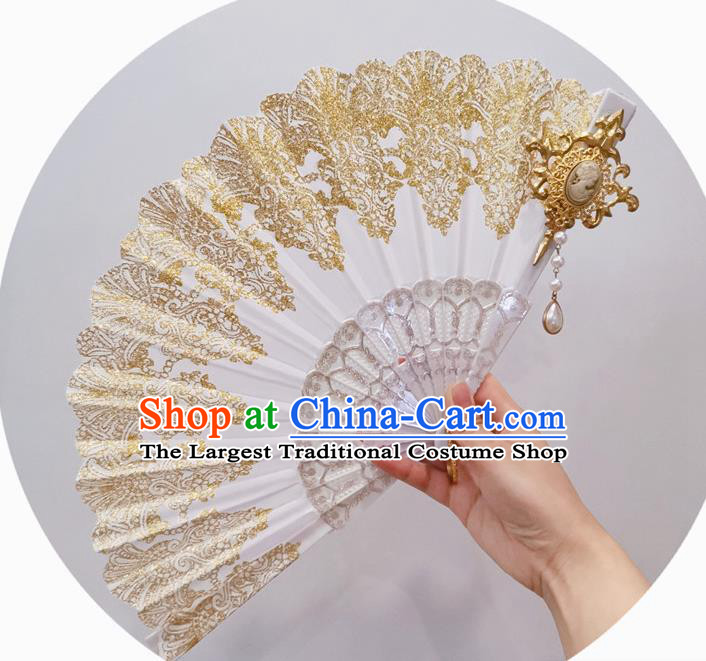 Handmade Retro White Lace Folding Fans Classical Bridal Fan Court Wedding Accordion