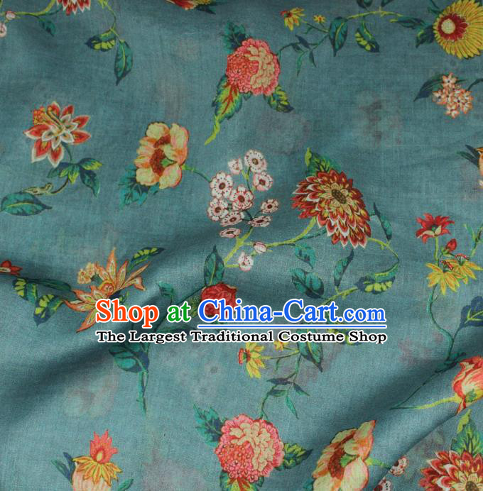 Chinese Printing Flowers Pattern Blue Ramine Fabric Traditional Linen Drapery Asian Qipao Dress Flax Cloth