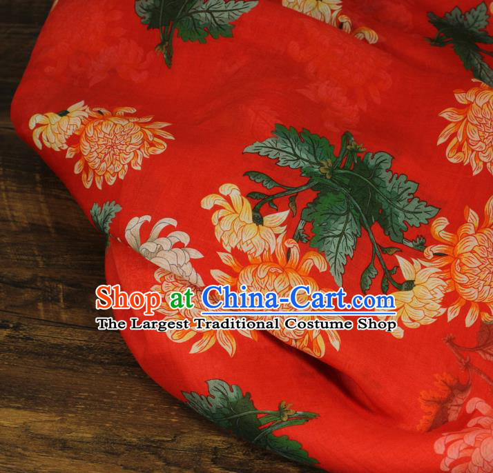 Chinese Printing Chrysanthemum Pattern Red Ramine Fabric Traditional Linen Drapery Asian Qipao Dress Flax Cloth