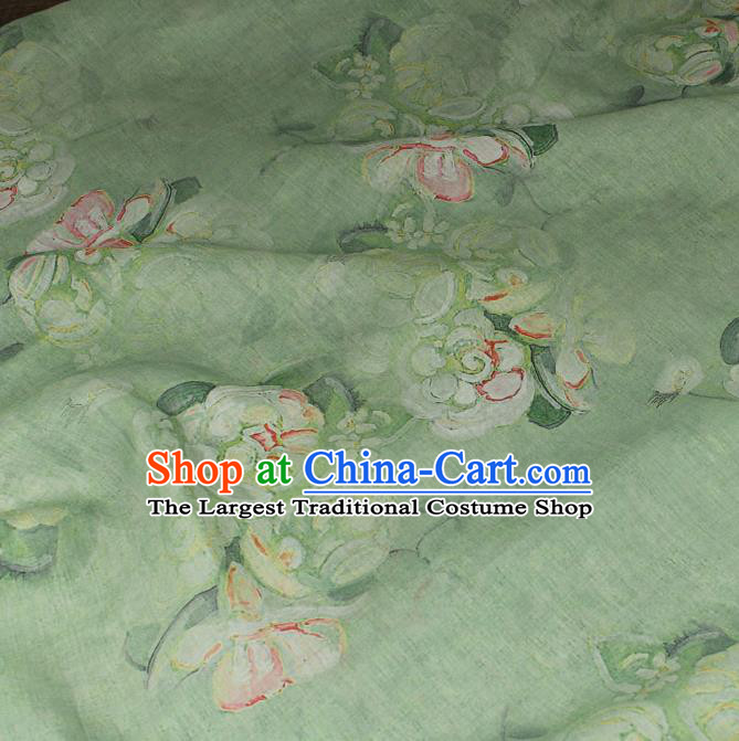 Asian Qipao Dress Light Green Flax Cloth Chinese Printing Flowers Pattern Ramine Fabric Traditional Linen Drapery