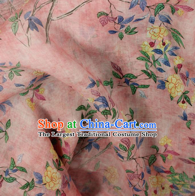 Chinese Pink Flax Cloth Traditional Printing Flowers Pattern Ramine Fabric Asian Qipao Dress Linen Drapery