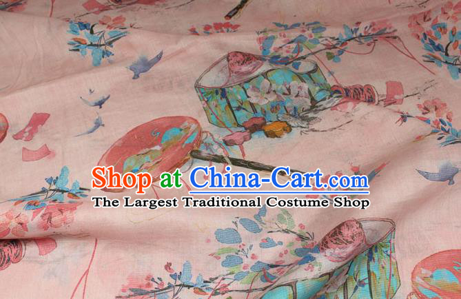 Chinese Printing Round Fan Pattern Pink Flax Fabric Qipao Dress Ramine Cloth Traditional Asian Linen Drapery