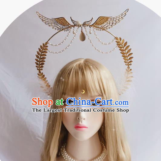 Halloween Stage Show Headwear Aureole and Pearls Royal Crown Handmade Cosplay Angel Wing Hair Accessories