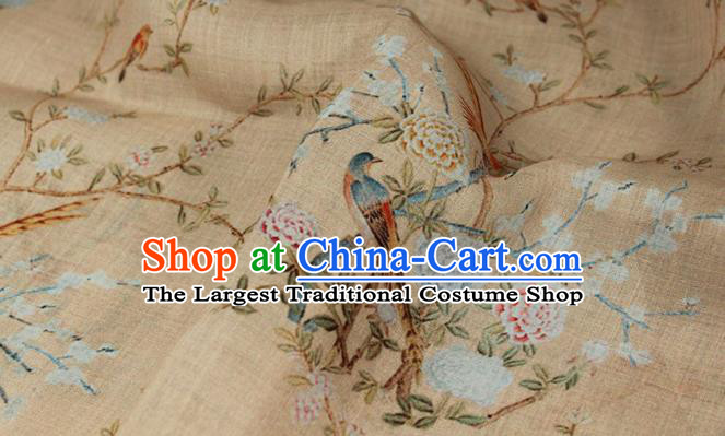 Chinese Traditional Flowers Birds Pattern Beige Flax Asian Tang Suit Linen Drapery Qipao Dress Cloth Fabric