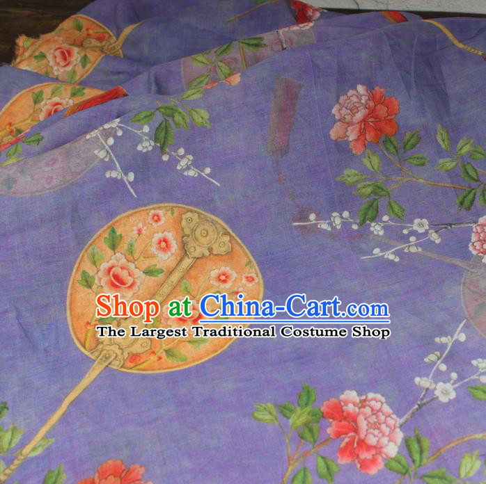 Chinese Printing Plum Peony Fan Pattern Lilac Flax Fabric Traditional Asian Linen Drapery Qipao Dress Cloth