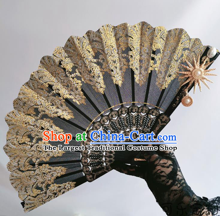 Classical Hexagram Court Fan Wedding Accordion Handmade Retro Black Lace Folding Fans