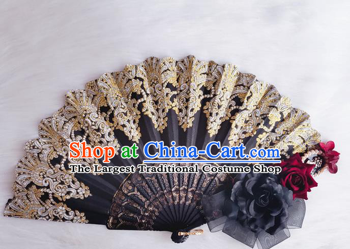 Classical Gothic Black Fan Handmade Retro Court Rose Folding Fans Lace Accordion