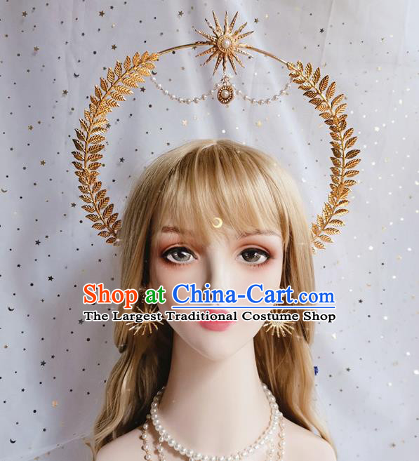 Handmade Golden Leaf Royal Crown Halloween Stage Show Hair Accessories Cosplay Goddess Aureole Hair Clasp