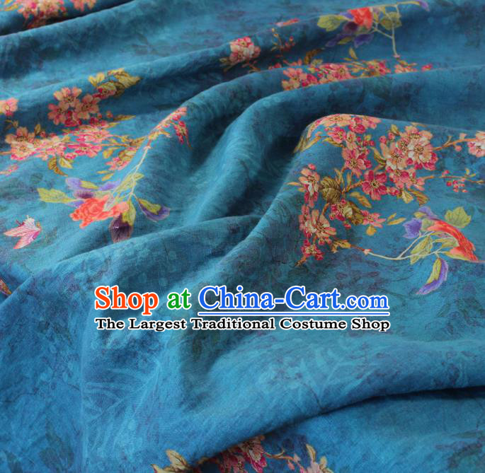 Asian Flax Fabric Qipao Dress Cloth Chinese Traditional Printing Begonia Pattern Blue Linen Drapery