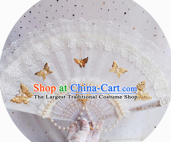 Classical Golden Butterfly Fan Handmade Retro White Lace Folding Fans Europe Court Pearls Accordion