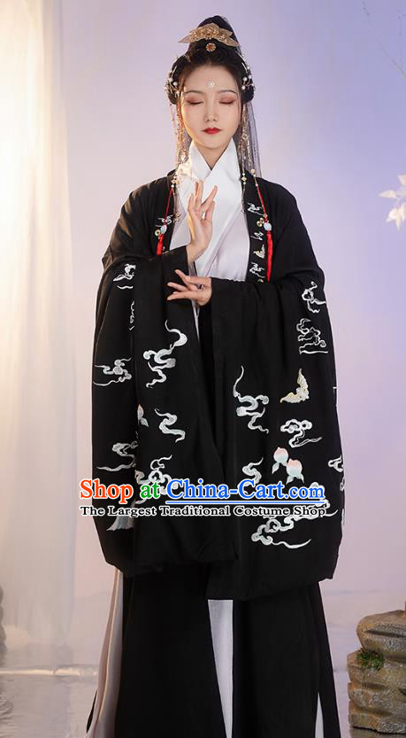 China Ancient Ming Dynasty Costume Taoist Apparels Embroidered Hanfu Black Cloak for Women for Men