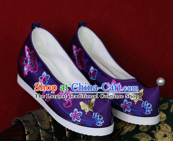 China Embroidered Shoes Tang Dynasty Princess Shoes Handmade Wedding Shoes Purple Cloth Hanfu Shoes