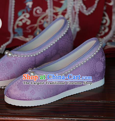 China Women Shoes Handmade Shoes Purple Satin Shoes Hanfu Pearls Shoes Princess Shoes