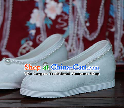 China Goddess Shoes Handmade Shoes White Satin Shoes Princess Shoes Hanfu Pearls Shoes