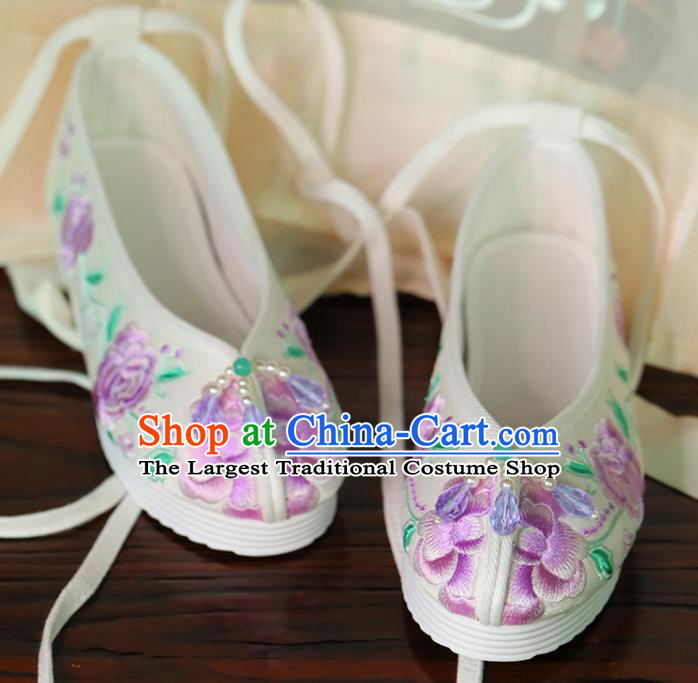 China Embroidered Purple Peony Shoes Hanfu Pearls Shoes Princess Shoes Handmade Beijing Cloth Shoes