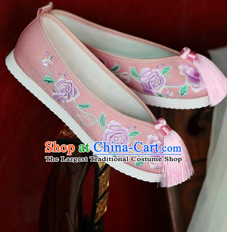 China Hanfu Pearls Shoes Princess Shoes Handmade Beijing Cloth Shoes Embroidered Peony Pink Shoes