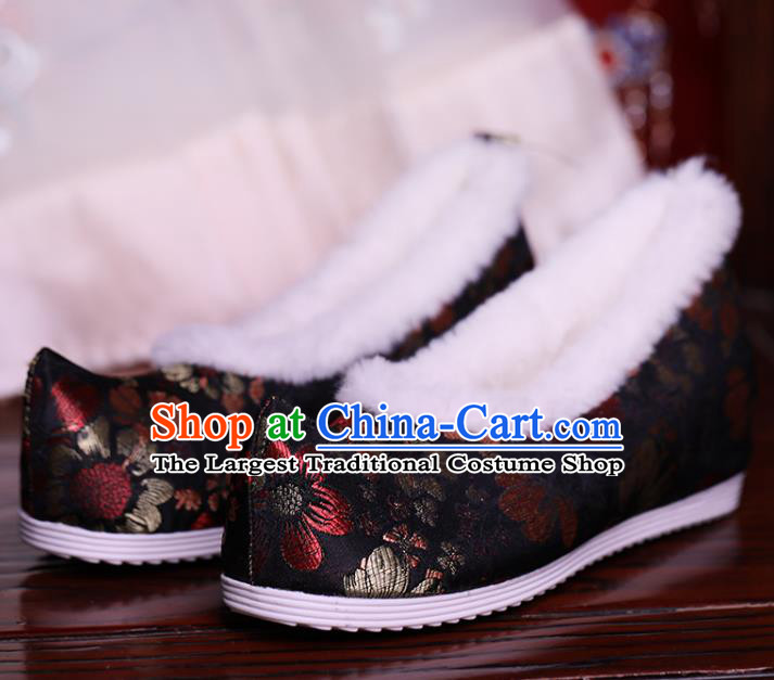 China Black Brocade Shoes Hanfu Shoes Ming Dynasty Princess Shoes Handmade Winter Shoes