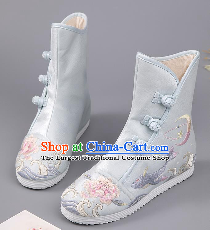 Chinese Ancient Ming Dynasty Swordsman Blue Boots Embroidered Peony Shoes Cloth Shoes for Women