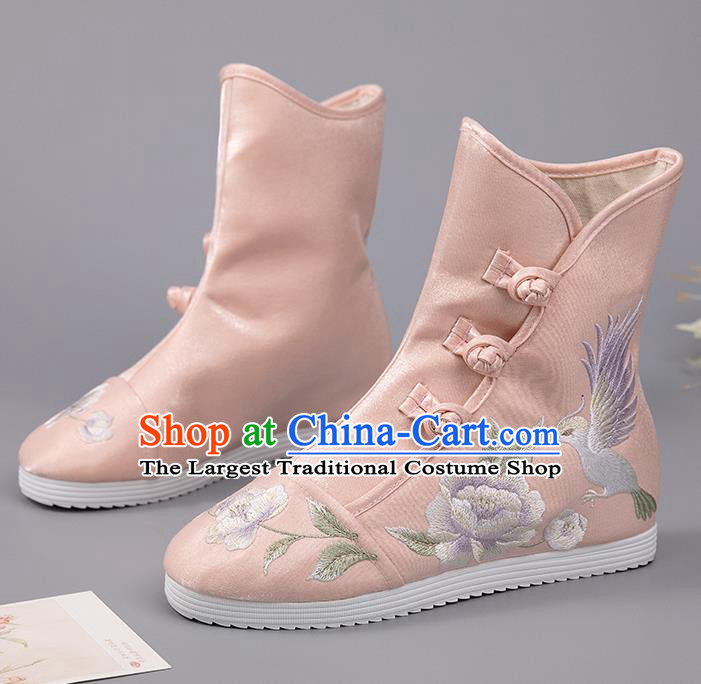 Chinese Embroidered Peony Bird Boots Ancient Pink Hanfu Shoes Handmade Cloth Shoes