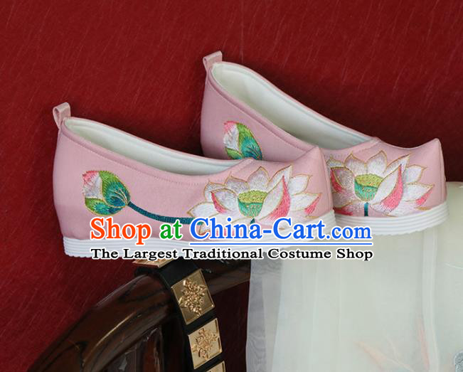 China Embroidered Lotus Shoes Handmade Pink Satin Shoes Song Dynasty Princess Shoes Hanfu Shoes