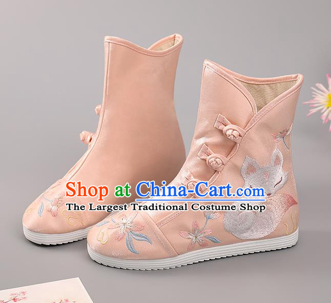 Chinese Ancient Hanfu Shoes Handmade Pink Cloth Boots National Embroidered Fox Boots