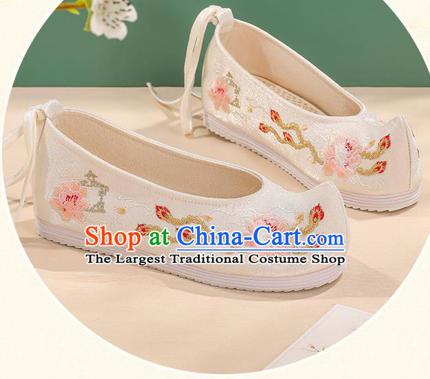 China Embroidered Peony Shoes Female Shoes Hanfu Shoes Handmade White Cloth Shoes Ming Dynasty Shoes