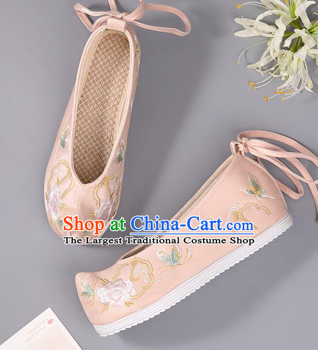 China Embroidered Peony Shoes Hanfu Shoes Ancient Princess Shoes Handmade Tang Dynasty Pink Shoes